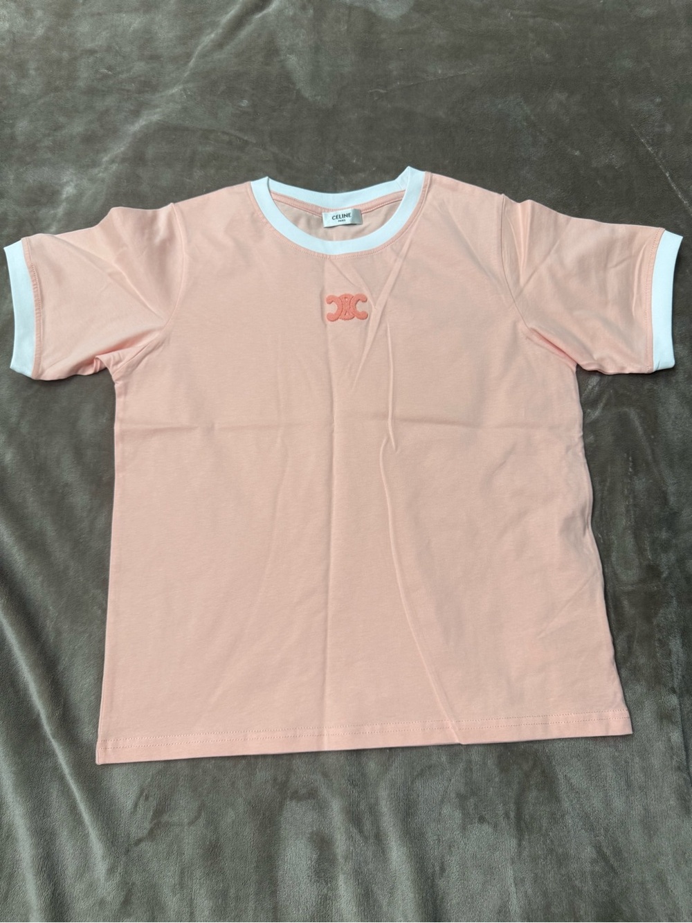 Celine Peach Pink Short-Sleeve Ringer Tee with White Trim